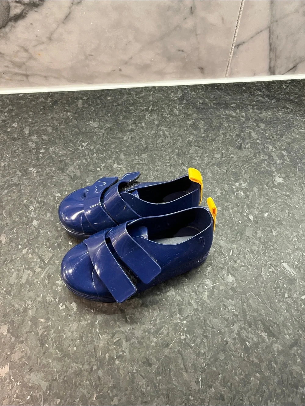 Kids MINI MELISSA Navy Blue Slip-On Shoes with Yellow Pull Tab